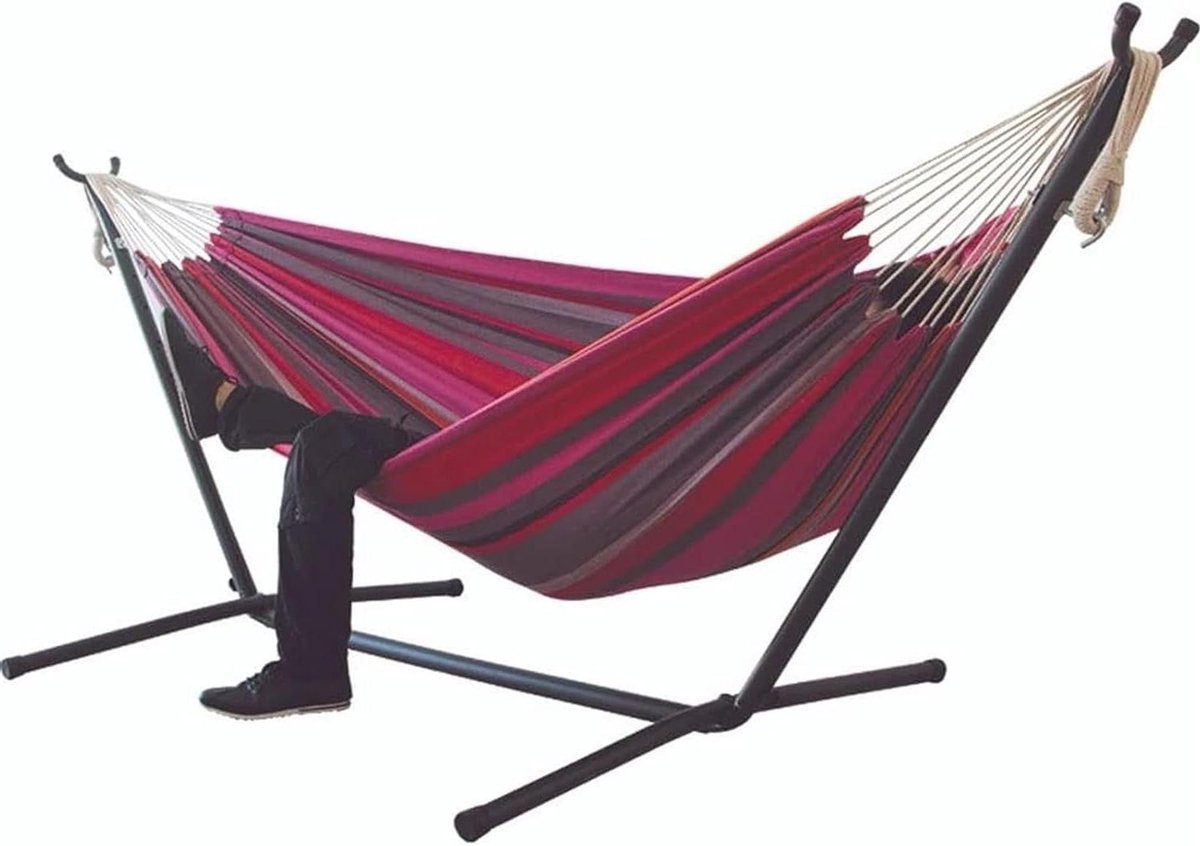 Hangmat met standaard - Dubbele hangmat - Buiten ontspannen - Inclusief stalen standaard - 265x150 cm - Gekleurd gestreept