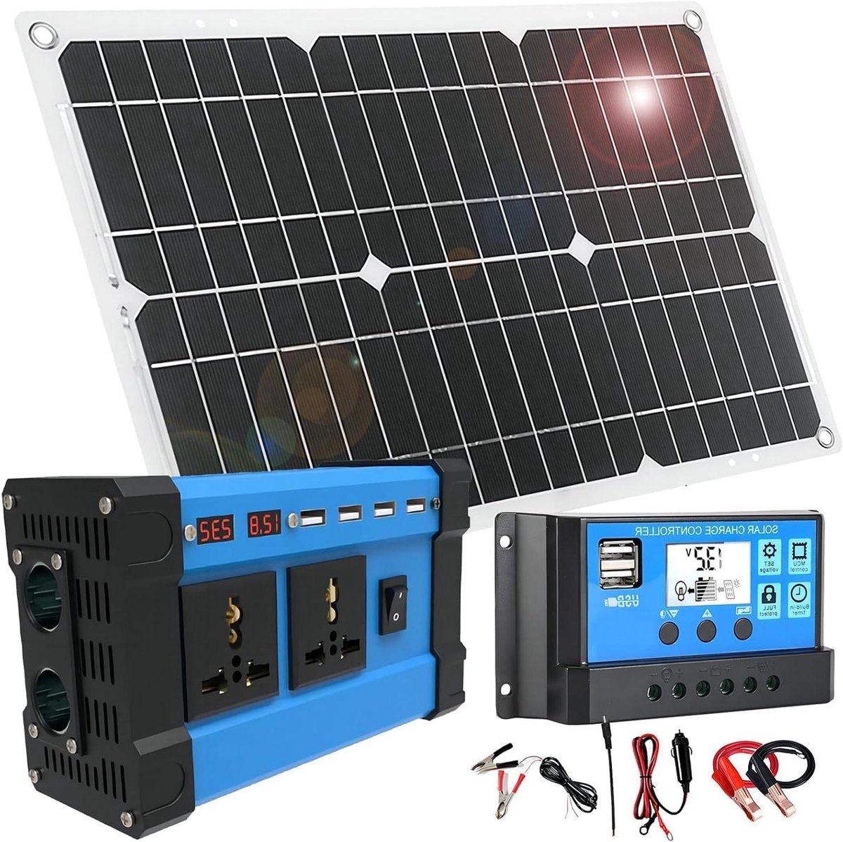 Zonnepaneel Kit - Energie Set - Off-Grid Stroom - Inclusief Omvormer - 18 Watt - Zwart