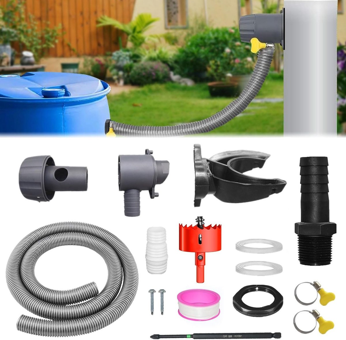 Set voor Regenwateropvang voor Afvoerpijpen 70-110 mm, Inclusief Bevestigingsmateriaal, 1 m Slang, Dropfilter en Regenbuisconnector voor Efficiënte Waterbesparing