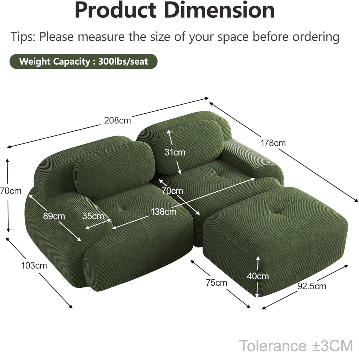 Modulaire hoekbank L-vorm met chaise longue – Arqam Cloud Corduroy Slaapbank 2-zits + 1 – Zonder montage luxe bank met voetenbank – Groene design loungeset voor woonkamer