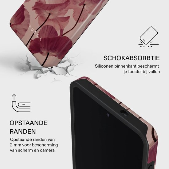 Hoesje met roze bloemenprint, schokabsorptie en opstaande randen voor scherm- en camerabescherming.