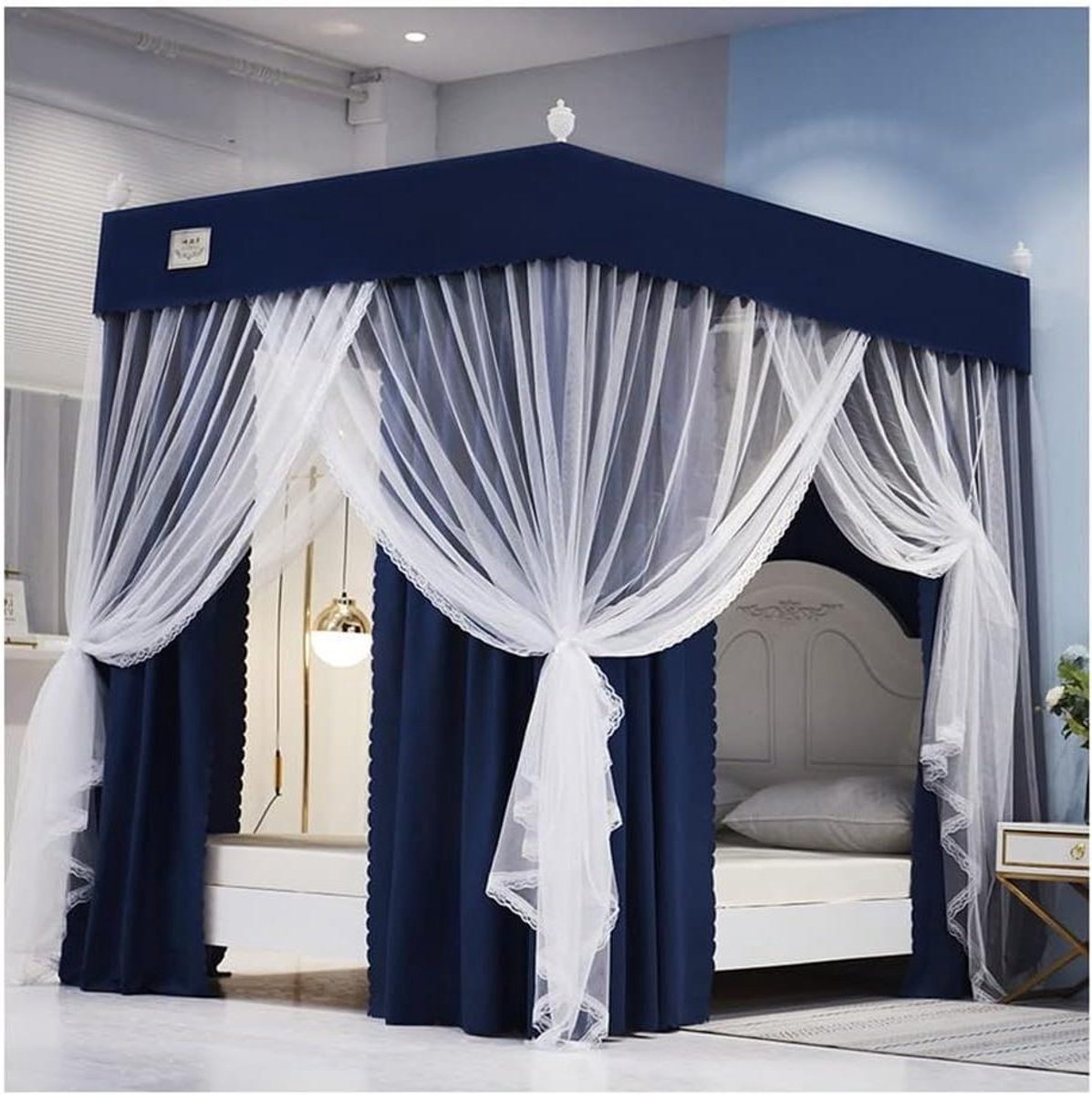Bedhemel Klamboe - Hemelbed Gordijn - Slaapkamer Decoratie - Met Metalen Beugel - 150x200cm - Blauw