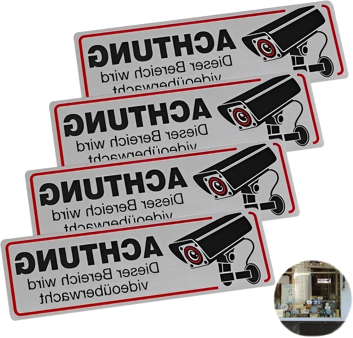 Bewakingsstickers - Waarschuwingsbord - Beveiliging Terrein - Duurzaam Materiaal - 12x4 cm - Zilver Rood Zwart