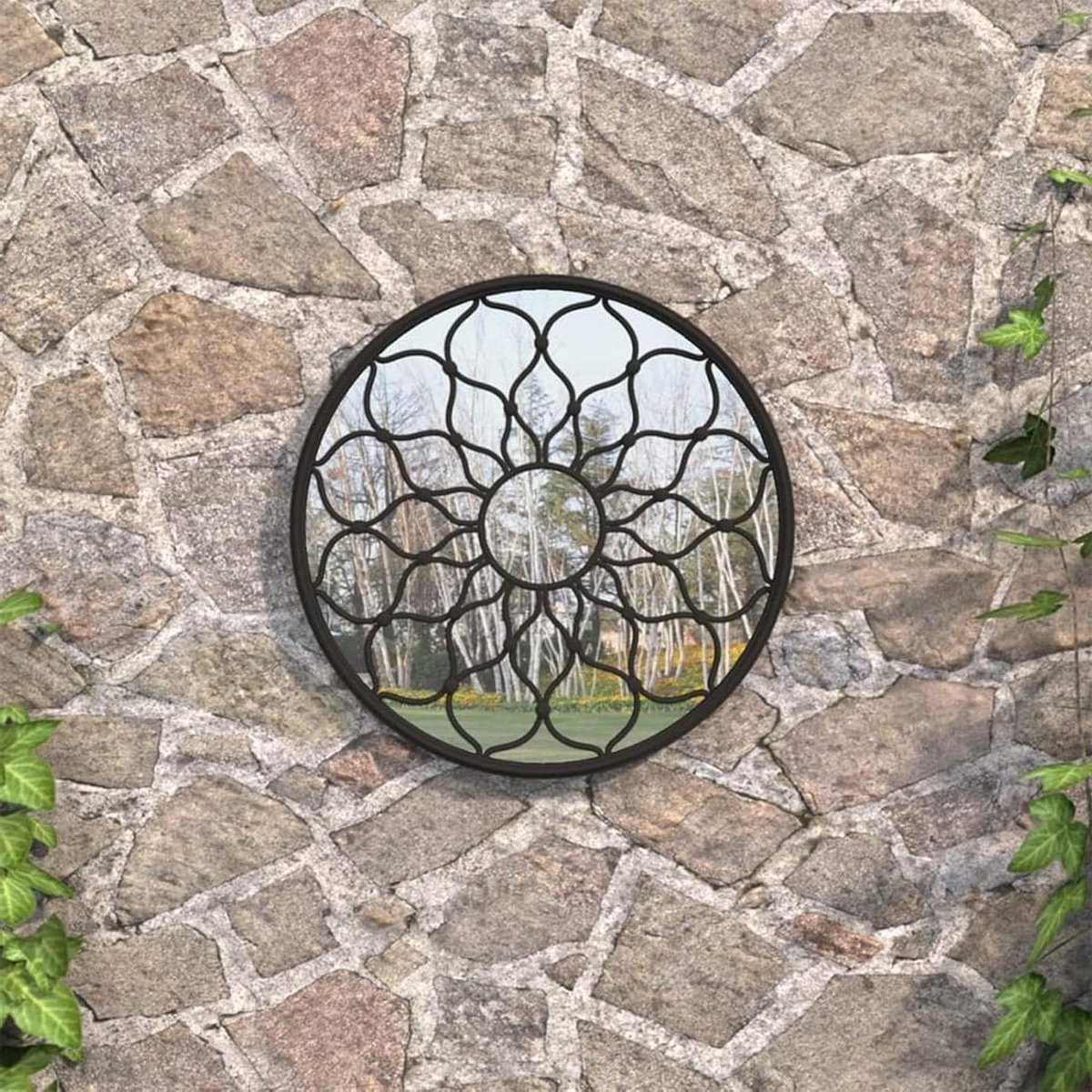 Tuinspiegel Rond - Wandspiegel Buiten - Tuin Decoratie - Decoratief Bloem Design - 60 cm Diameter - Zwart