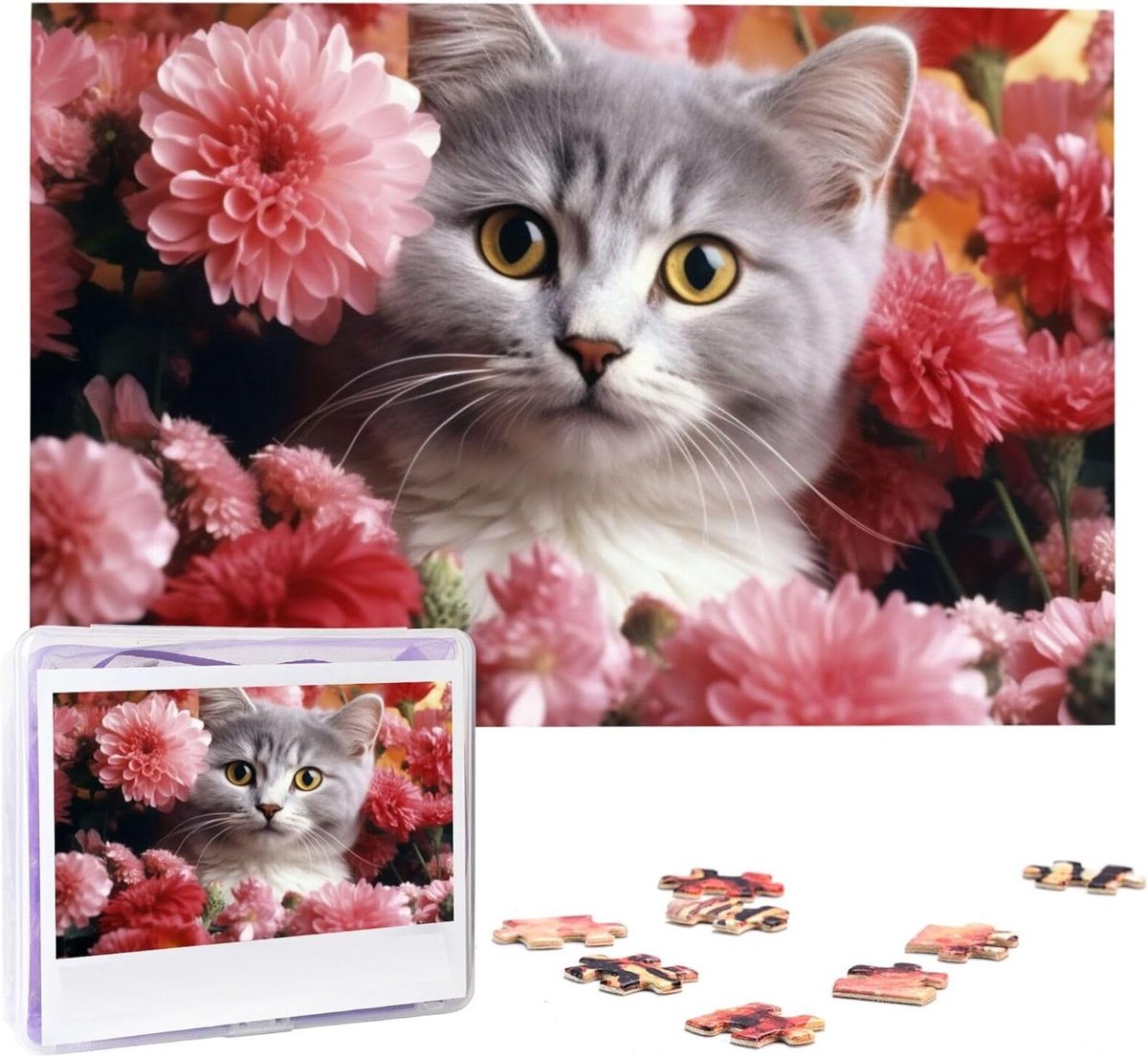Houten Puzzel - Foto Puzzel - Ontspanning en Geheugen - Gepersonaliseerd Ontwerp - 1000 Stukjes - Kat in Bloemen