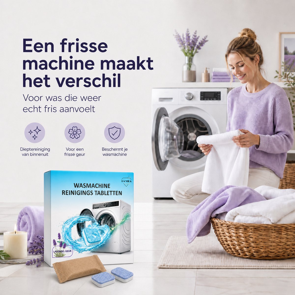 Wasmachine Reiniger Tabletten - 24 stuks - Lavendel Geur - Wasmachinereiniger Tegen Kalk, Vuil, Geurtjes & Vetluis - wasmachine reinigingstabletten — afbeelding 3