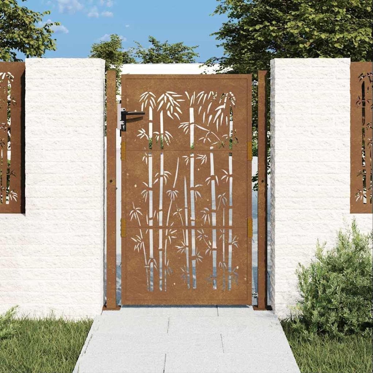Tuinpoort - Buitenhek - Toegang Afsluiten - Cortenstaal bamboe design - 105 x 130 cm - Roe