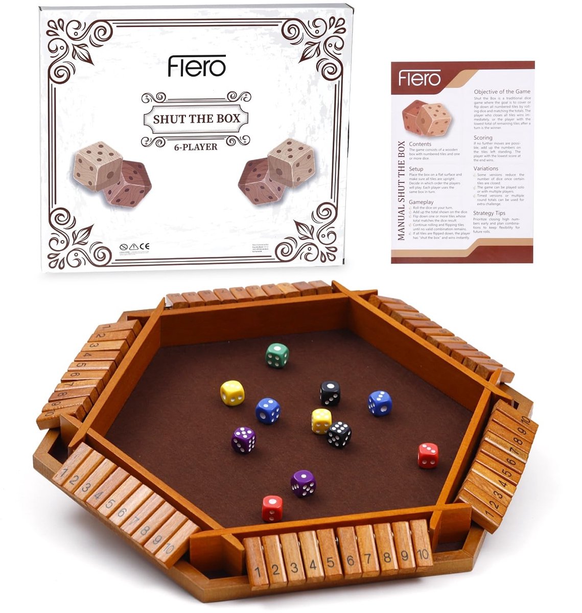 Flero Shut The Box - 6 Spelers - Dobbelspel - Tactiek- en Rekenspel - Bordspel, Educatief Speelgoed, Leerspel voor Kinderen en Volwassenen (Bruin) - 12 Dobbelstenen