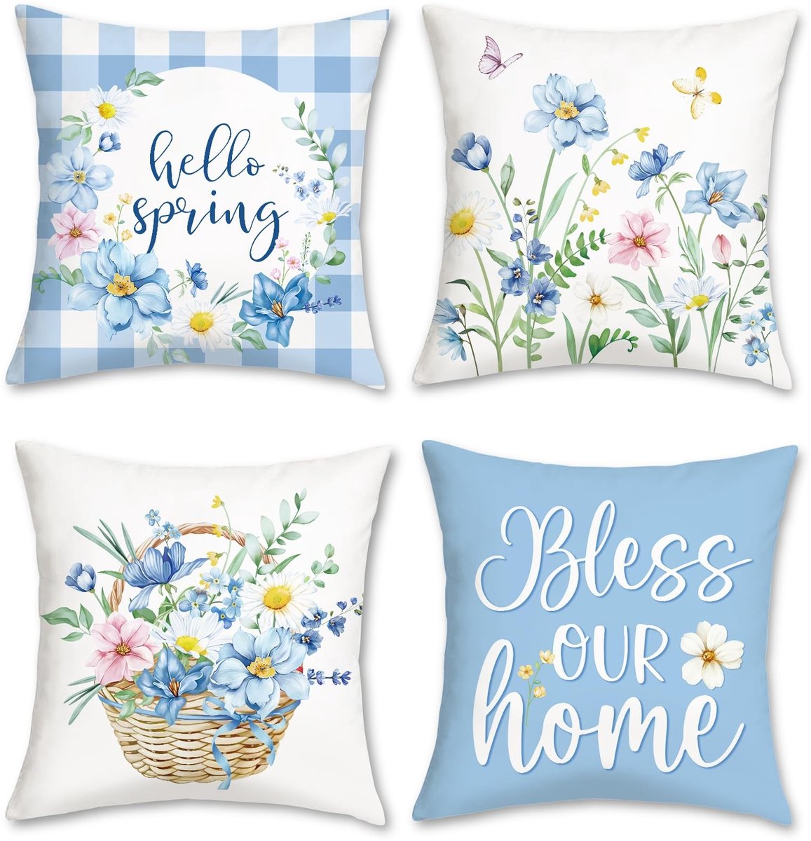 Store_7 - Lente bloemen kussenslopen - Decoratieve kussens - Set van 4 - 45 x 45 cm - Bloemen en vlinders - Geschikt voor woonkamer - Blauwe bloemen