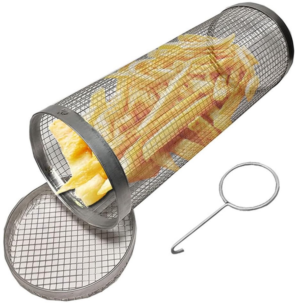 aladdien - BBQ Grillmand - Draagbaar - Roestvrijstaal - Voor groenten - Rond - Ideaal voor buitengebruik - Geschikt voor barbecue - Handige accessoires