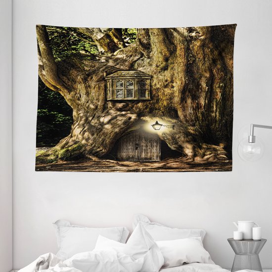 ABAKUHAUS Tapisserie et couvre-lit fantaisie, Maison de fées avec arbre, 230 x 140 cm, Brun terre d'ombre