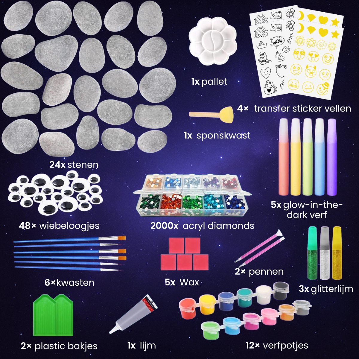 Vaive Stenen Schilderen 2109-delig – Glow in the Dark Happy Stones Knutsel Pakket – Knutselen - Knutselset voor Meisjes & Jongens - Knutselpakketten — afbeelding 7