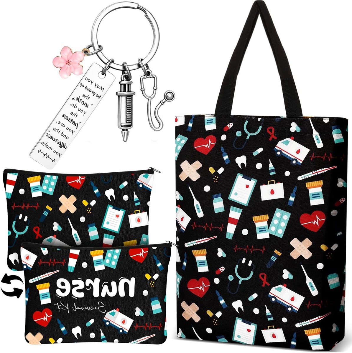 Cadeauset Voor Verpleegkundigen - Cosmetische Tas, Sleutelhanger en Opbergtas - Praktische Verzorging Accessoires