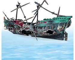 Piraten schip wrak decoratie voor aquarium - luchtbubbels, onderwater ornament en luchtpomp actie decor (donkergroen)