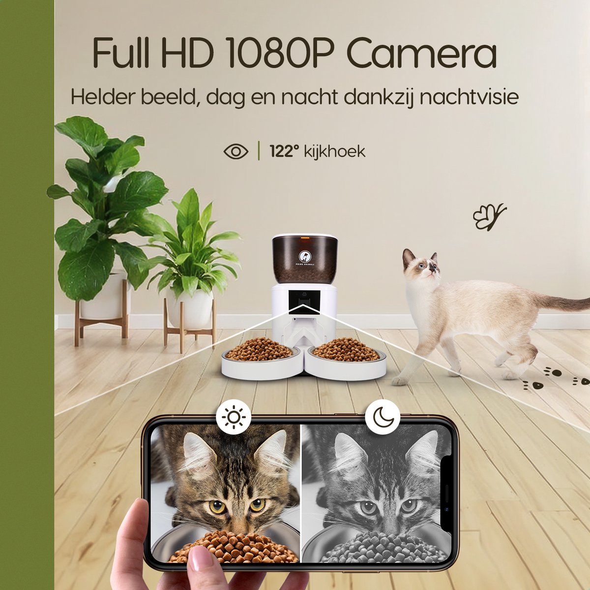Automatische Voerbak Kat en Hond 4L Premium Upgraded – Slimme Voerdispenser met Camera – Full HD 1080P Night Vision – Two-Way Audio – RVS Dubbele en Enkele Voerbak – App-bediening – Voerschema Instellen – Prime AnimalZ – Wit thumbnail 4