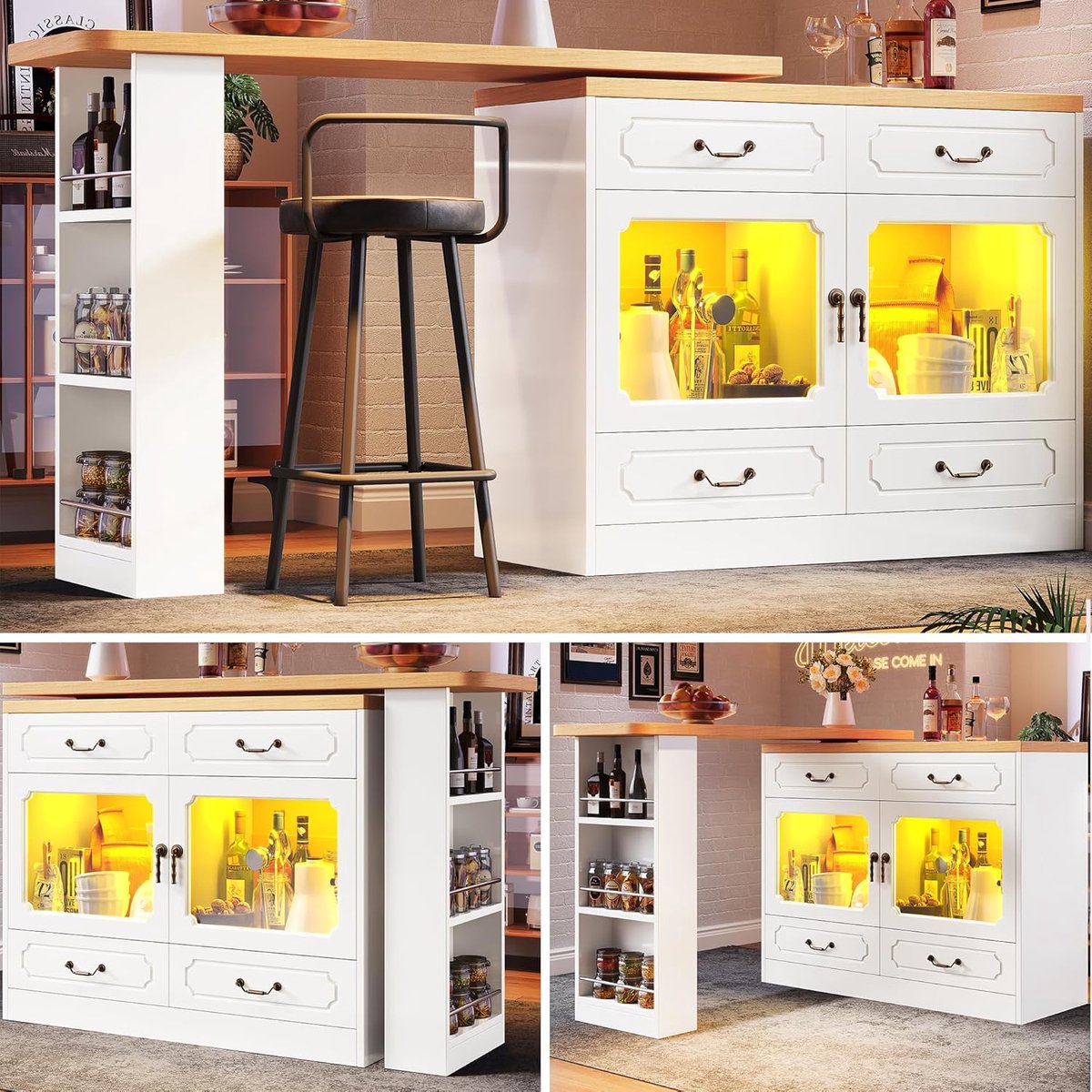 Extendable Bar Table with Storage Space (135-203 x 39 x 92.8 cm), 360° Rotatable Edible, Suitable for Bedroom, Living Room, Dining Room, Telescopic Bar Table with LED, High Table, Kitchen Island