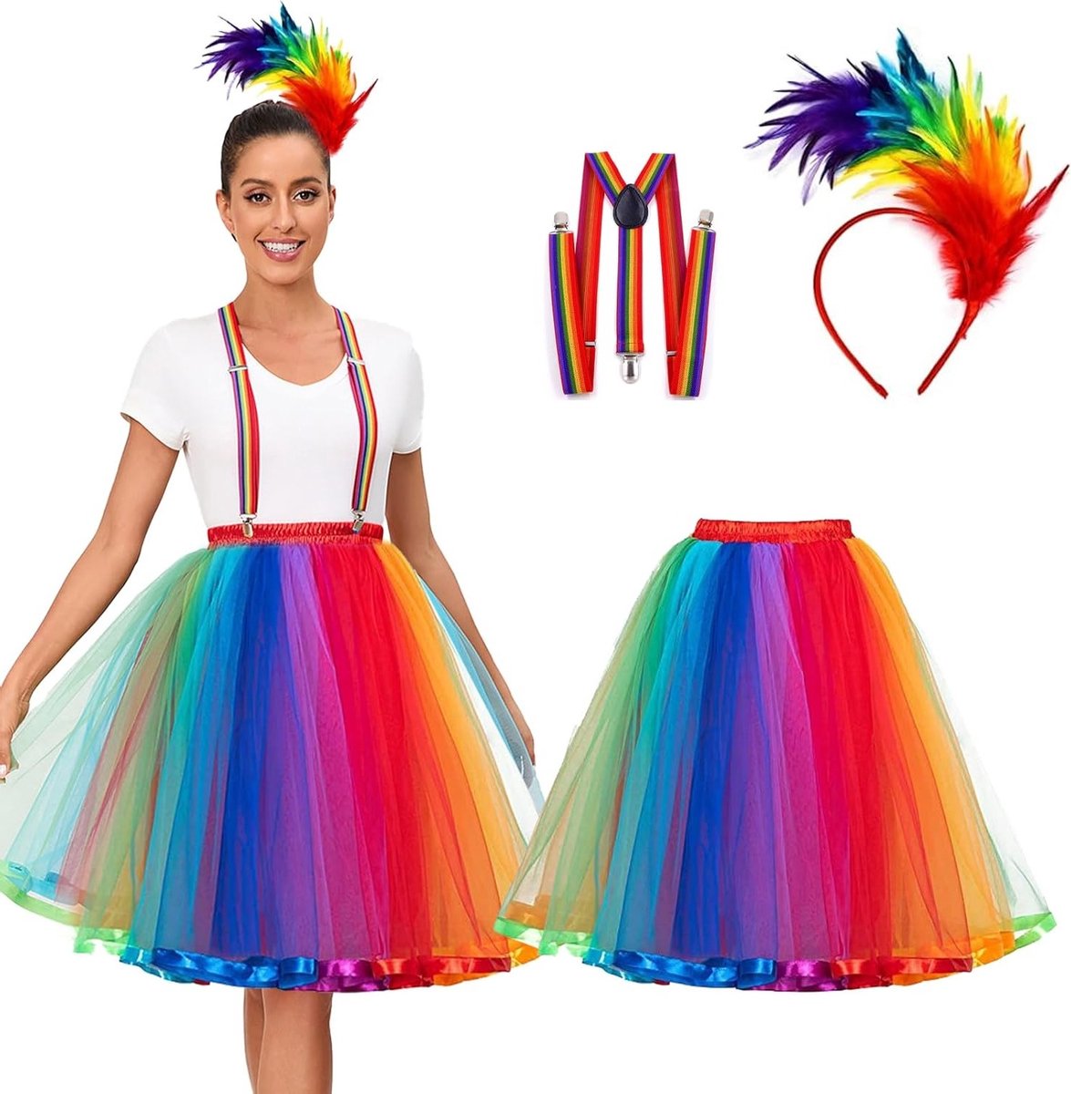 Kleurige tule rok voor dames met riem, veren hoofdband en accessoires voor carnaval, Halloween en themafeesten