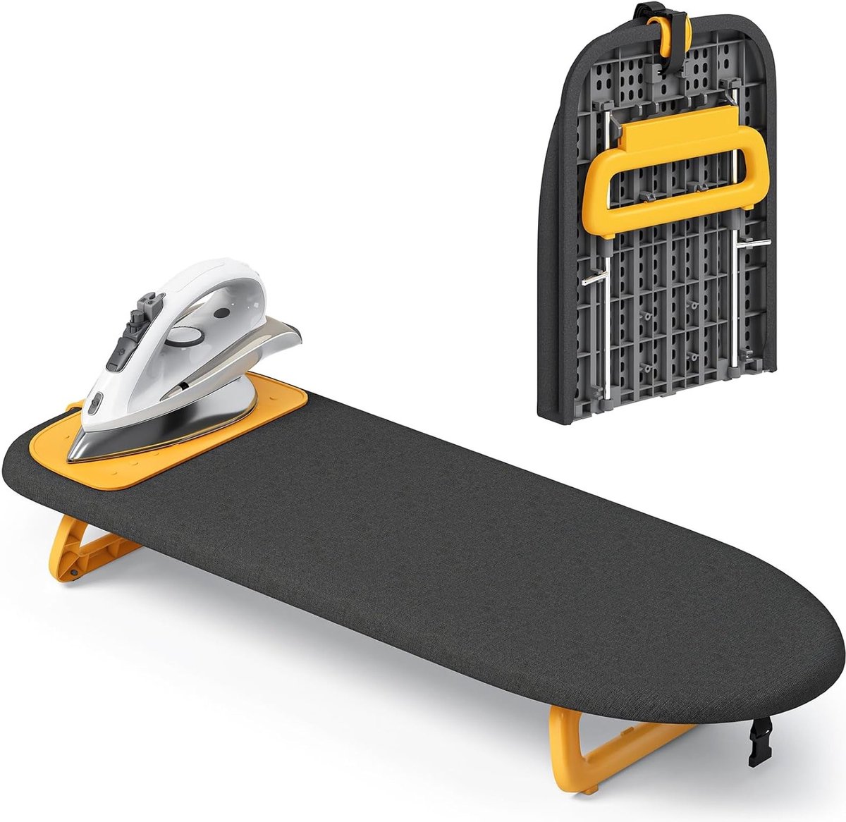 Kleine opvouwbare strijkplank met ijzeren mat voor eenvoudig strijken, ideaal voor reizen en slaapzalen, 12 x 32 cm, zwart