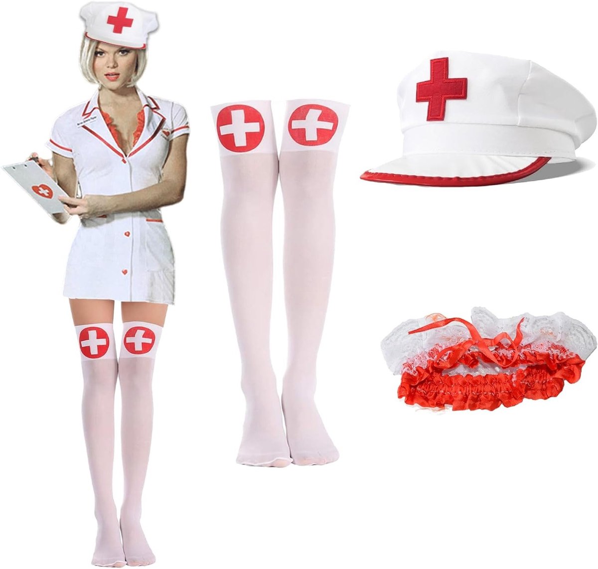 Verpleegster Kostuum Accessoires voor Halloween - Haarband, Stethoscoop, Garter en Bril voor een Compleet Kostuum