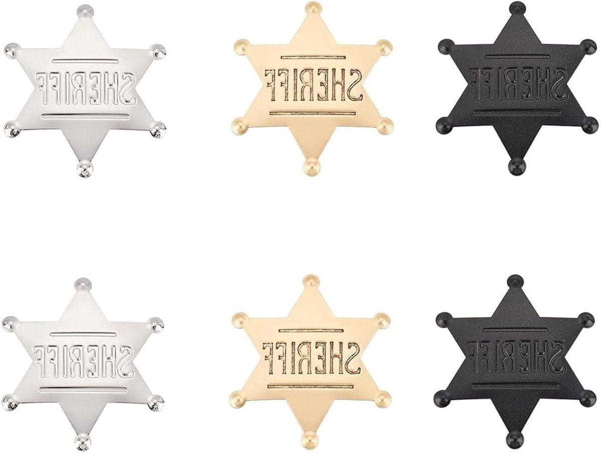 Sheriff Ster Badge voor Cowboy Western Thema, Broches voor Creatief Gebruik, Metaal Pin Set van 6 Stuks, 6.5 cm x 5.7 cm, Perfect voor Kostuums en Decoratie
