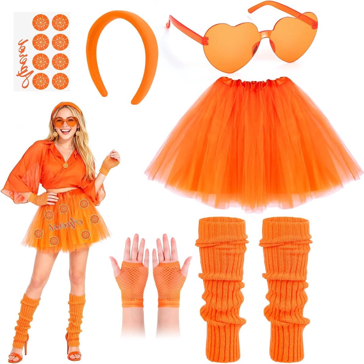 Aperol Kostuum voor Vrouwen - 7-delig Carnaval Kostuum met Haarband, Zonnebril en Tulle Rok voor Feest en Hawaii Party