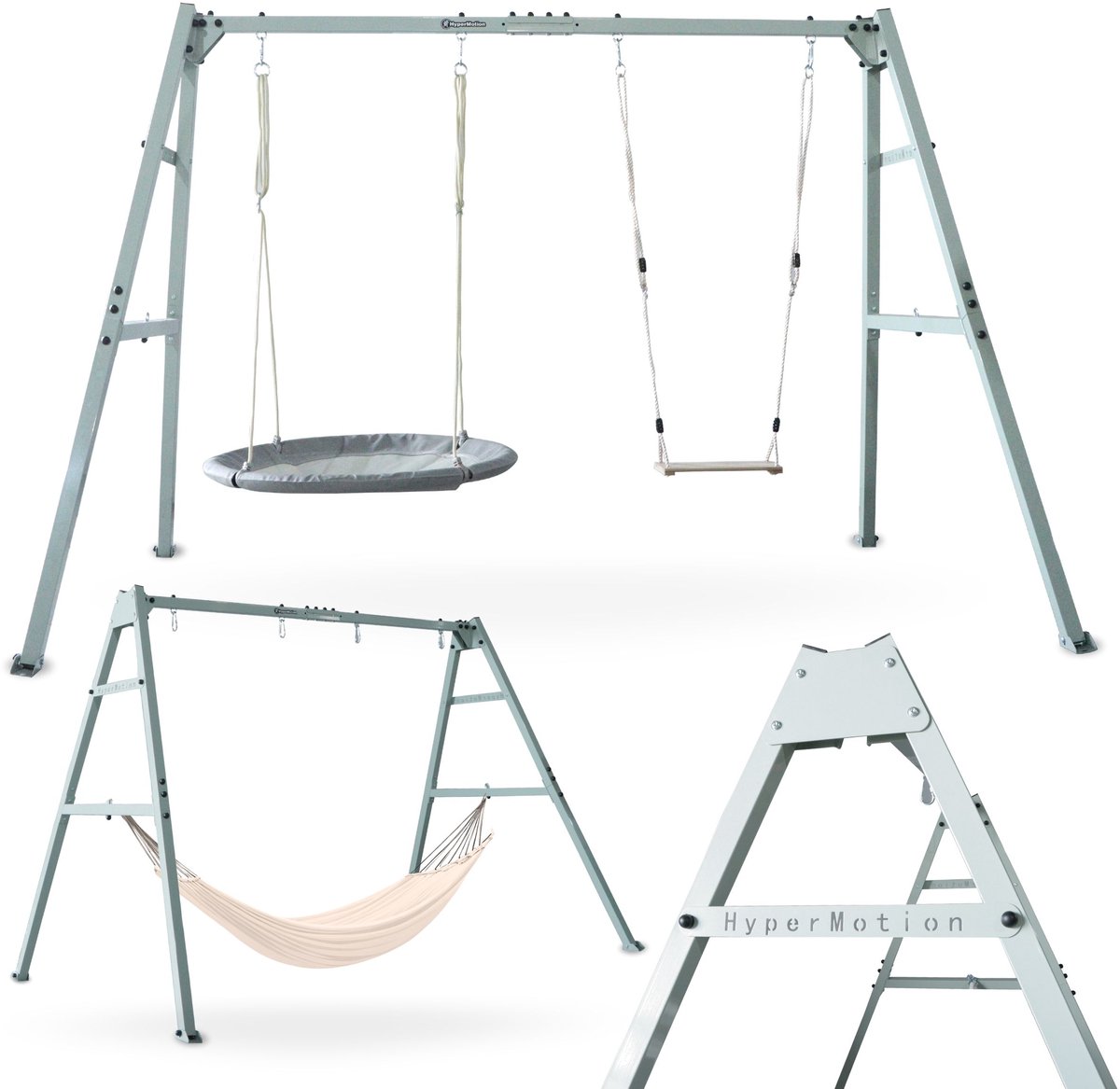 HyperMotion 4-in-1 Tuinschommel met Frame – Hangmat, Schommel en Nestschommel – Belastbaar tot 180 kg – Grijs