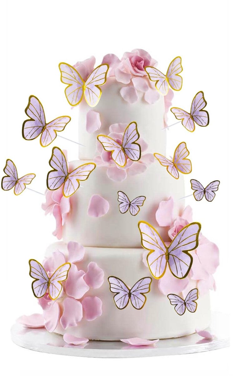 Allecto - 3D Taartdecoratie - Vlinderdecoratie - Driedimensionale Feestdecoratie - Paars met Gouden Rand - Cupcake Decoratie - Geschikt voor Bruilo...