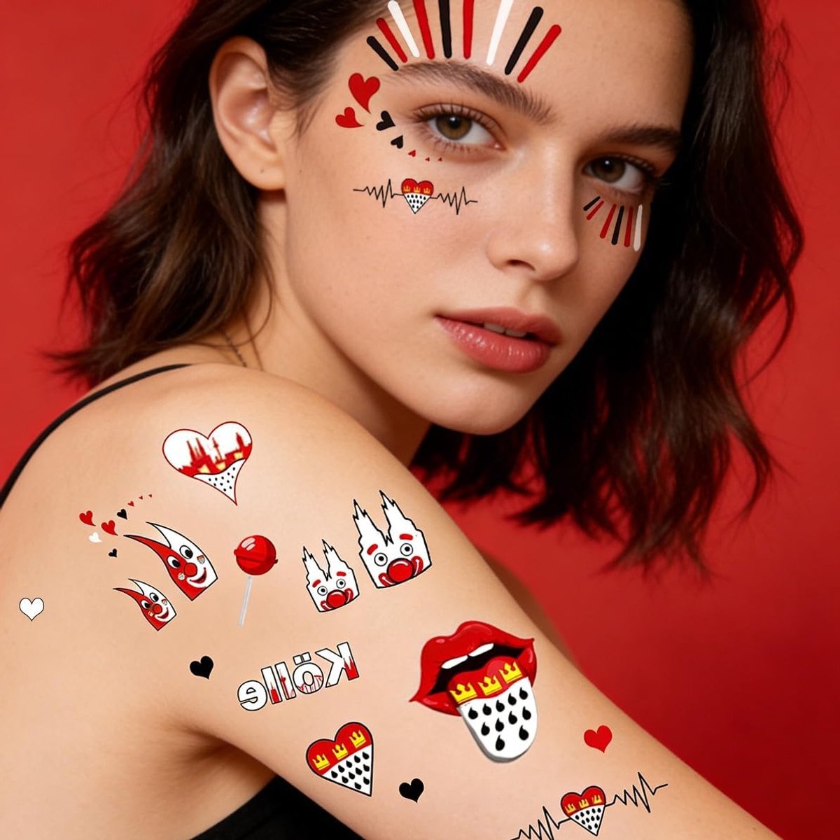 Tijdelijke Gezichtstatoeages voor Carnaval - Rode en Witte Stickers voor Kostuums in Keulen, Feestaccessoires en Carnaval Decoratie