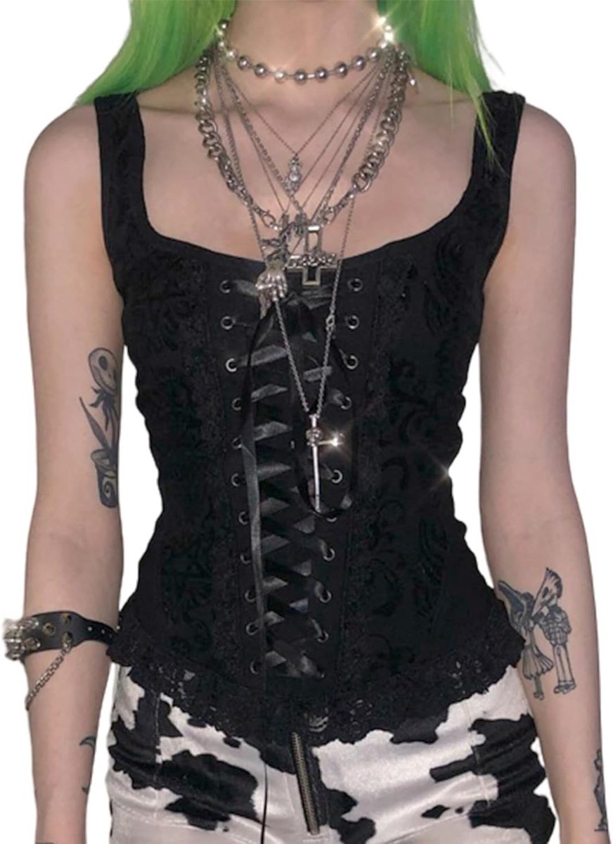 Gothic Lace Crop Top voor Dames - Y2K Spaghetti Cami Halterneck V Neck Streetwear Outfit voor Club en Party