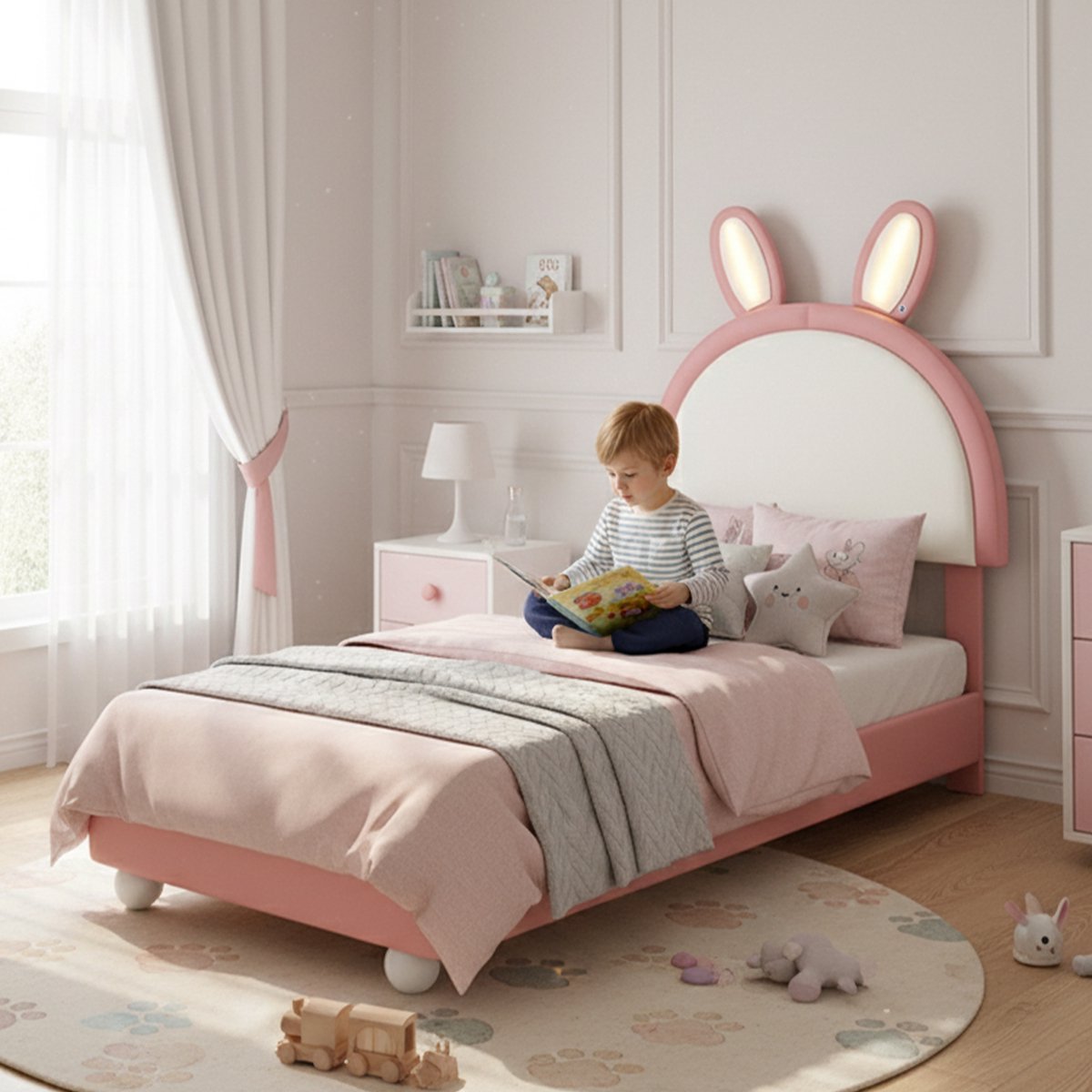 Clruro Gestoffeerd kinderbed - 90x200cm - Konijnen hoofdbord met LED lichtstrip en antibotsrand - lattenbodem - PU + multiplex - roze wit