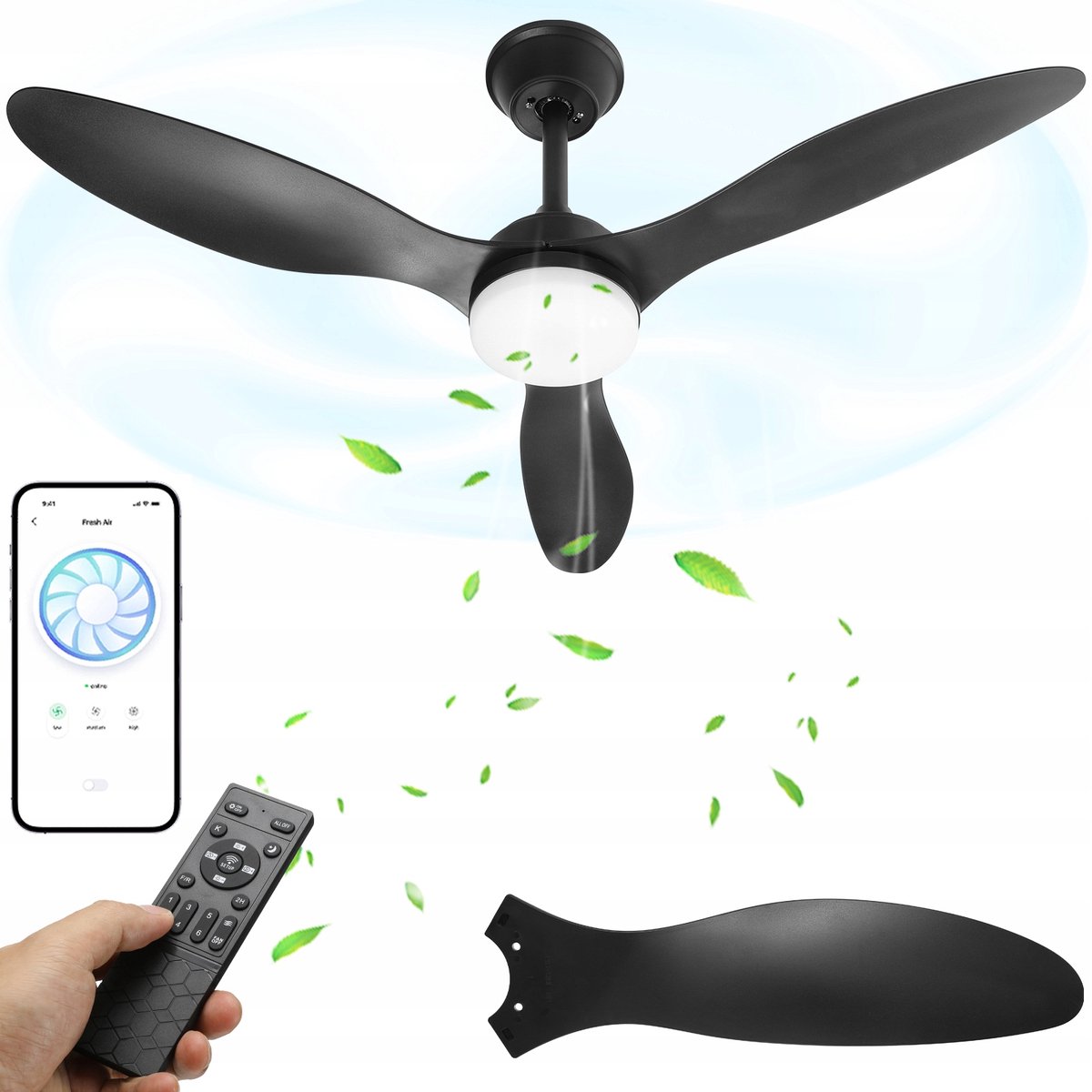 2-in-1 LED Plafondventilator Zwart – 106 cm, Met Afstandsbediening & App, Dimbare 3 Kleurtemperaturen, 6 Snelheden – Stille Omkeerbare DC Motor – Geschikt voor Woonkamer, Slaapkamer of Keuken
