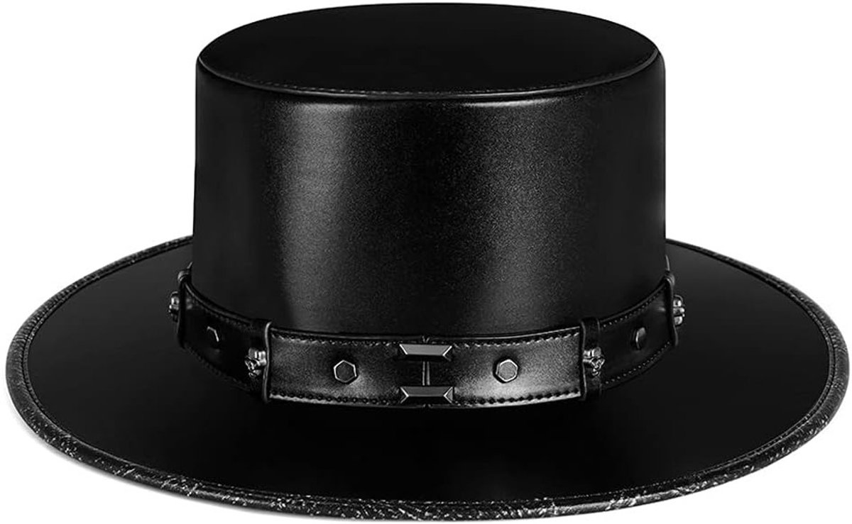 Zwarte PU Leren Platte Hoed voor Halloween Cosplay en Feestelijke Kostuums