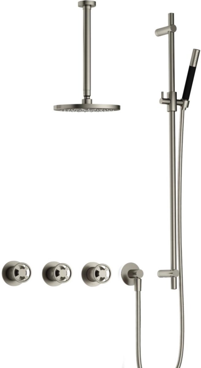 Hotbath Cobber - CW7067 - Inbouw Regendoucheset - Geborsteld Nikkel - 2 Stopkranen - Thermostatisch - Plafondbuis 30 cm - Hoofddouche 200 mm - Ronde Handdouche - Glijstang 900 mm - Waterbesparend