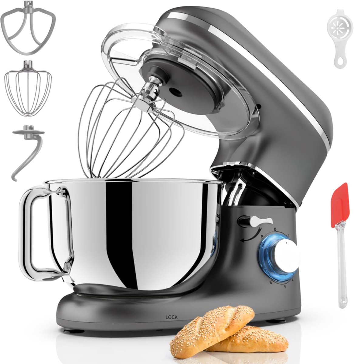 MIRA® Mixer met Mengkom - Keukenmachine - Mixer - 6 Liter Mengkom - Zilver/Grijs - 38 cm x 24 cm x 32 cm