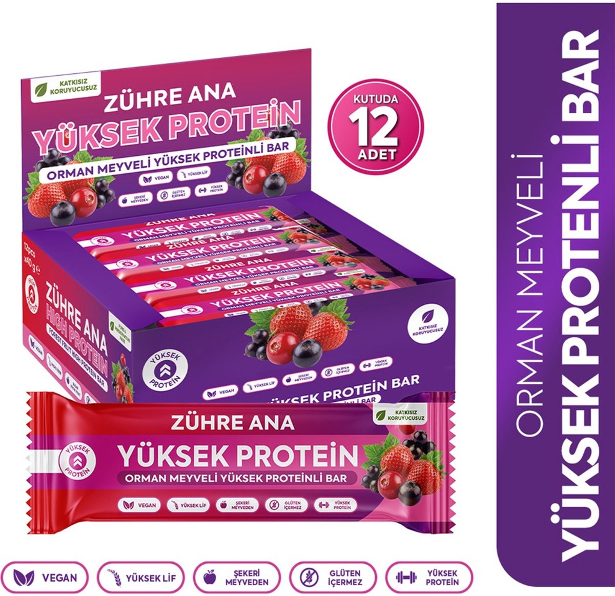 Zühre Ana Bosvruchten Hoog-Proteïne Reep 40 gr – 12-pack | Vegan, Glutenvrij, Zonder Toegevoegde Suikers, Vezelrijk