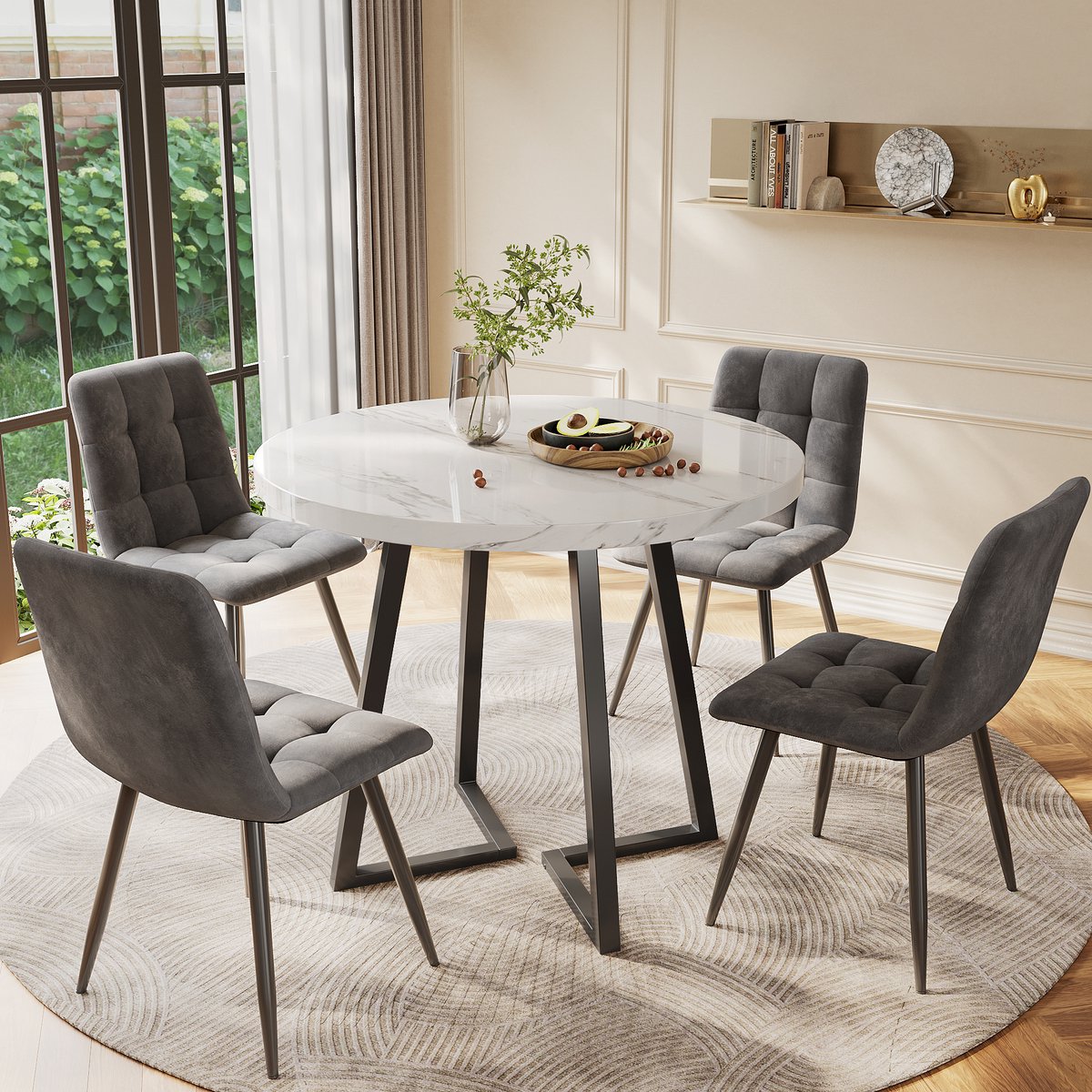 Eettafelset - Ø80 cm - Ronde Tafel Met 4 Stoelen - Modern Design - MDF/Metaal - Wit/Donkergrijs