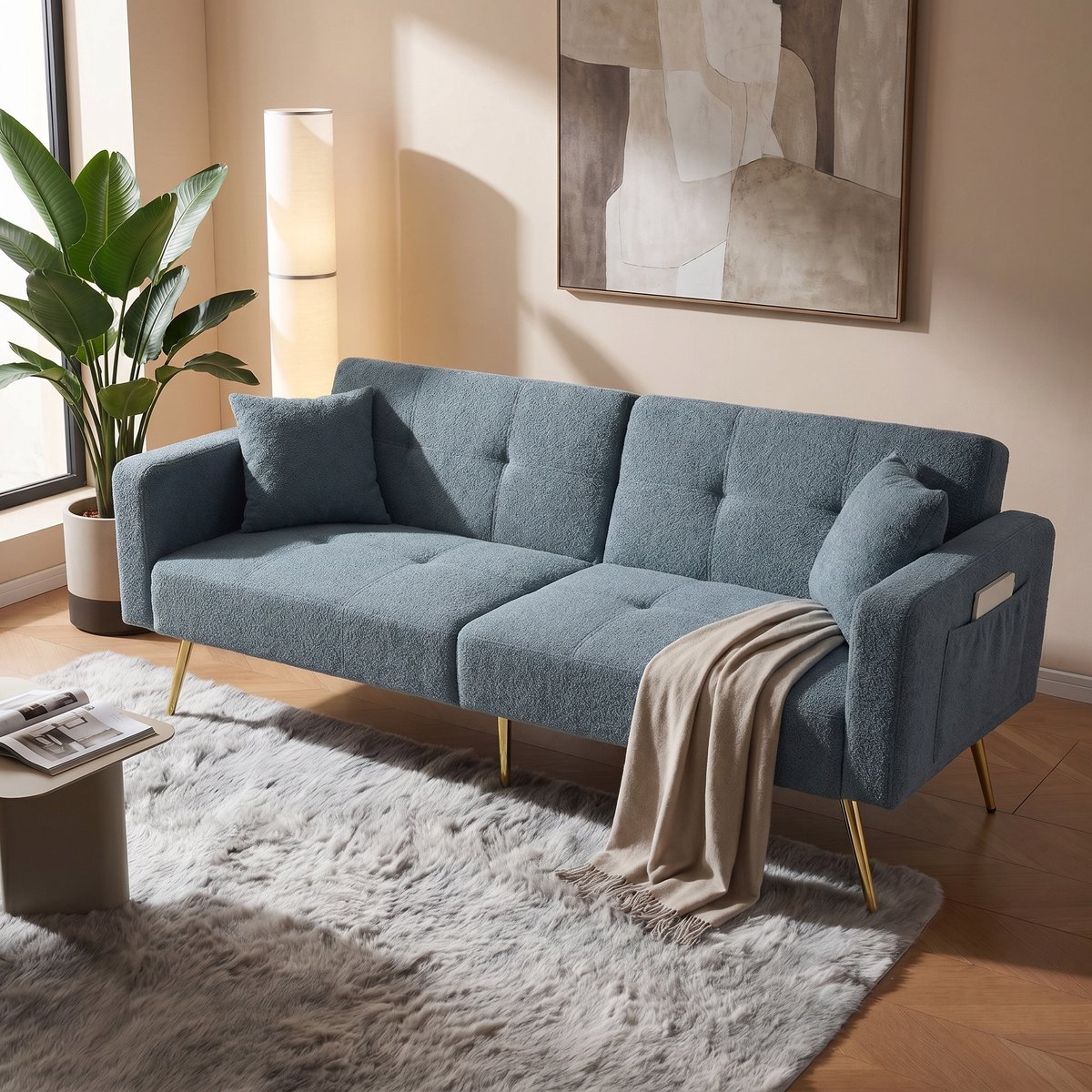 Slaapbank 2 Persoons - Slaapbanken - Sofa - Logeerbed - Verstelbare rugleuning - Gouden poten - met rugleuning - met armleuningen - zijvakken - Blauw