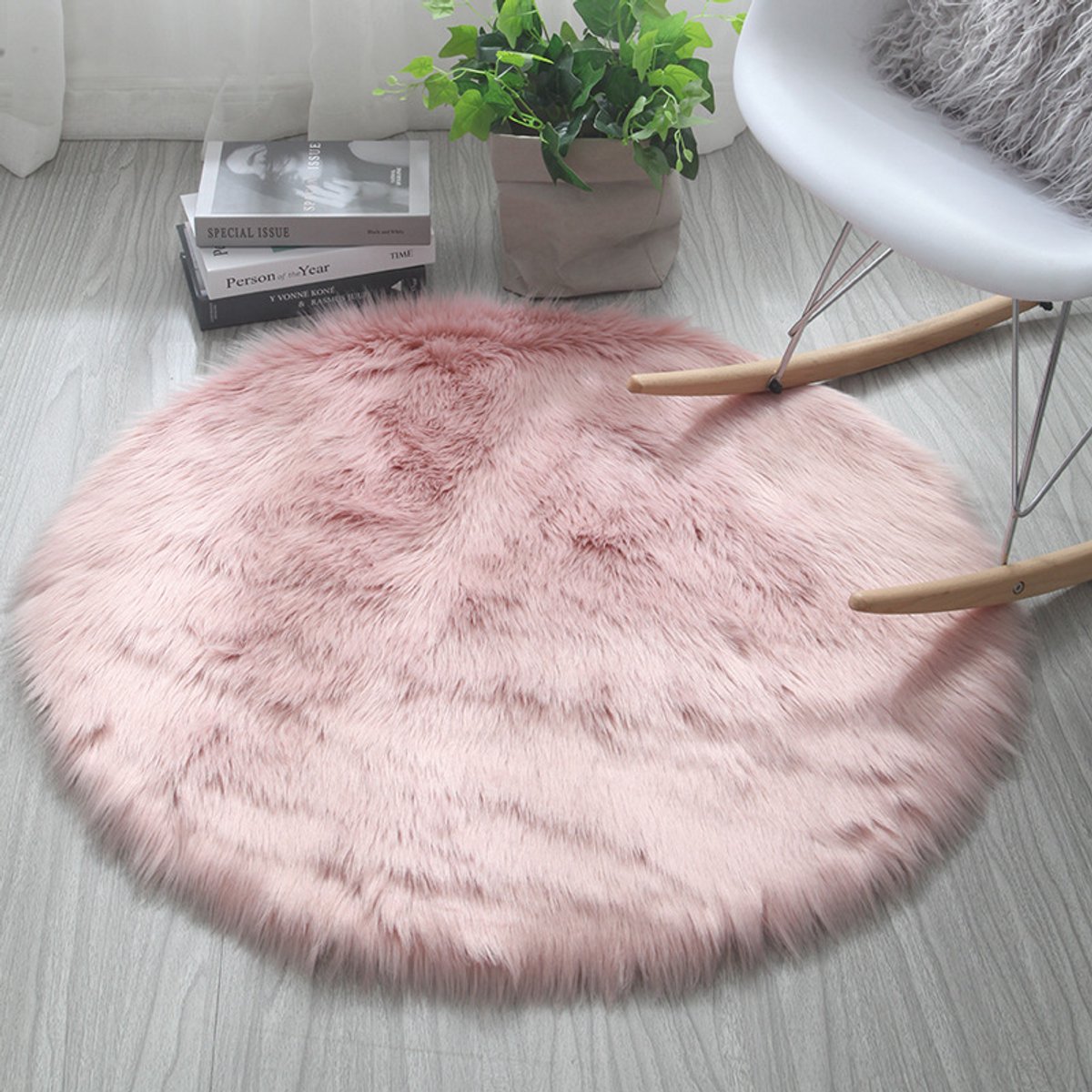 Rond Vloerkleed, Imitatiebont, Zacht Slaapkamervloerkleed, Vloermat — Roze / 20 Inch Diameter