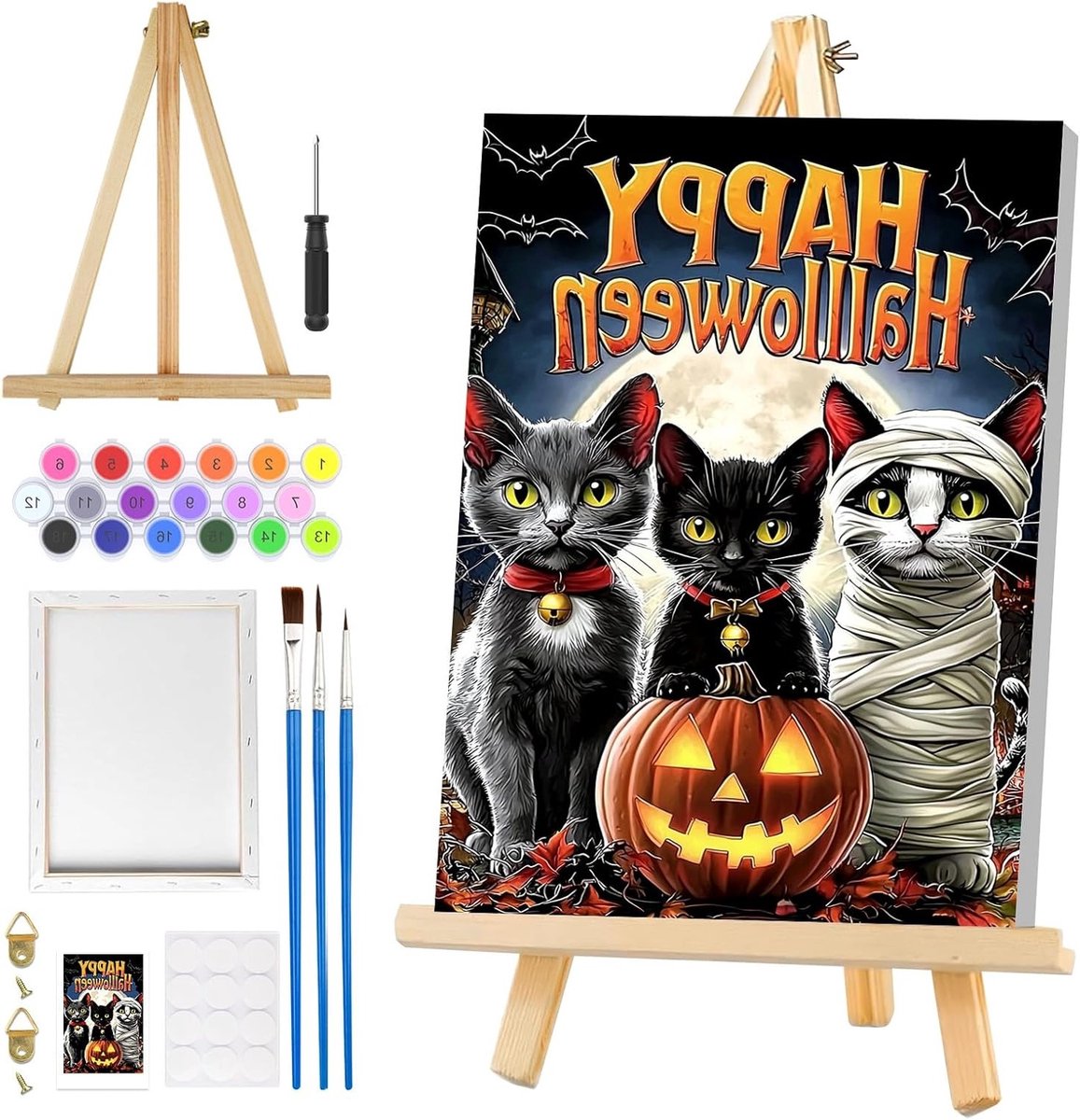 Halloween Kat Schilderen op Nummer voor Volwassenen met Lijst en Houten Easel - DIY Olieverf Canvas Set voor Creatieve Kunst en Decoratie