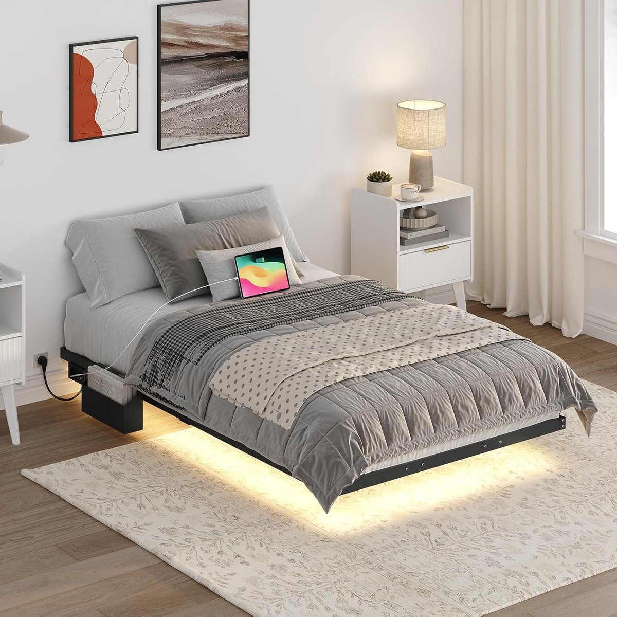 Metalen Bedframe 90 x 200 cm met Oplaadstation en LED Strip, Zwevend Tweepersoonsbed voor