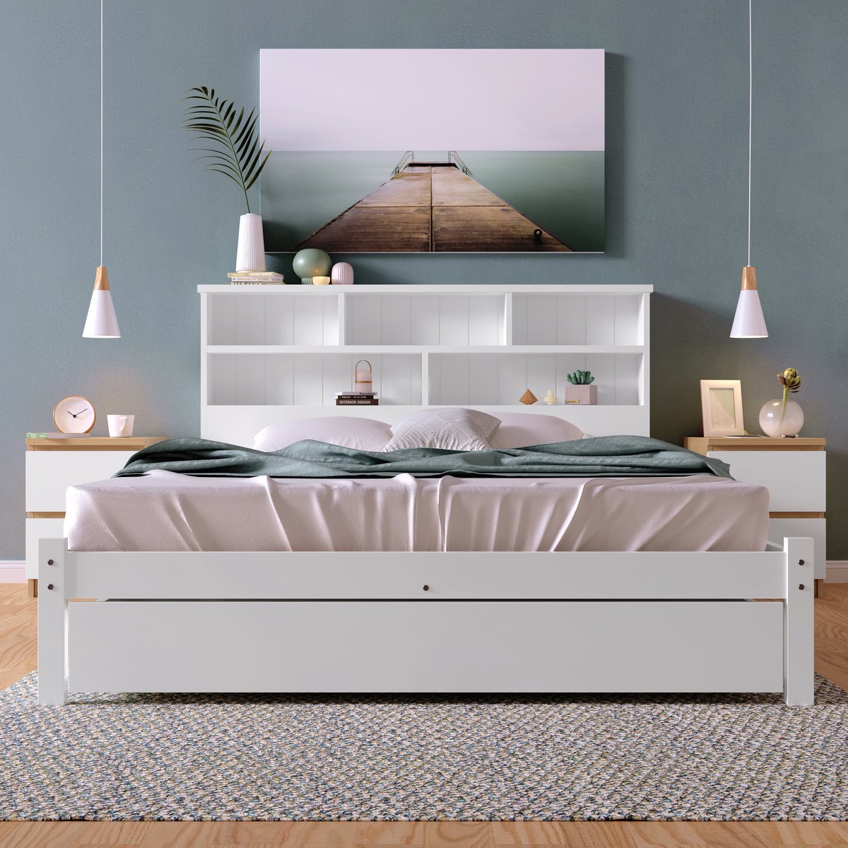 Zubaliya Tweepersoonsbed 140 x 200 cm – met hydraulische opbergruimte, lades en boekenkast – houten – wit – voor moderne slaapkamer – praktische slaapoplossing voor