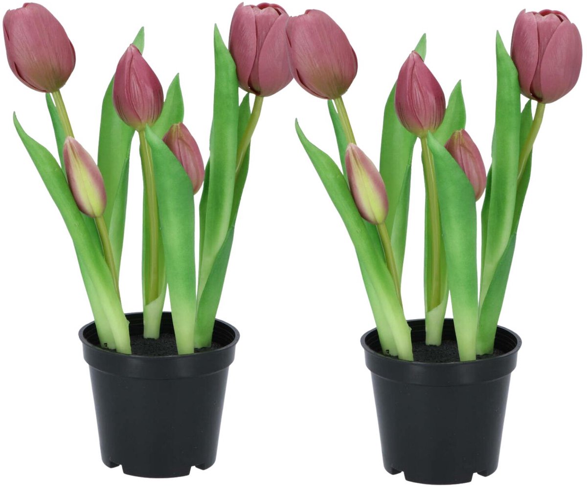 DK design Kunst tulpen Holland in pot - 2x stuks - aubergine paars - real touch - 26 cm - levensechte kunstbloemen