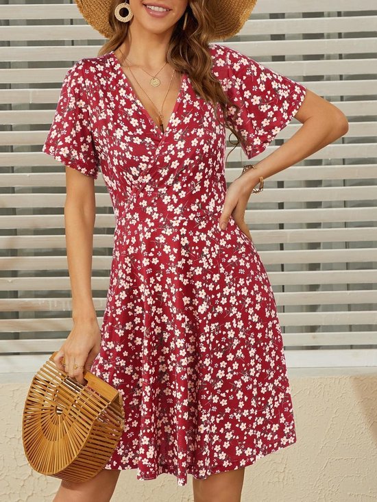 Zomerse V-hals Jurk voor Vrouwen, Korte Mouwen of Mouwloos, A-lijn Midi met Bloemenprint, Boho Strandjurk voor Feestjes en Bruiloften, Elegante Casual Jurk