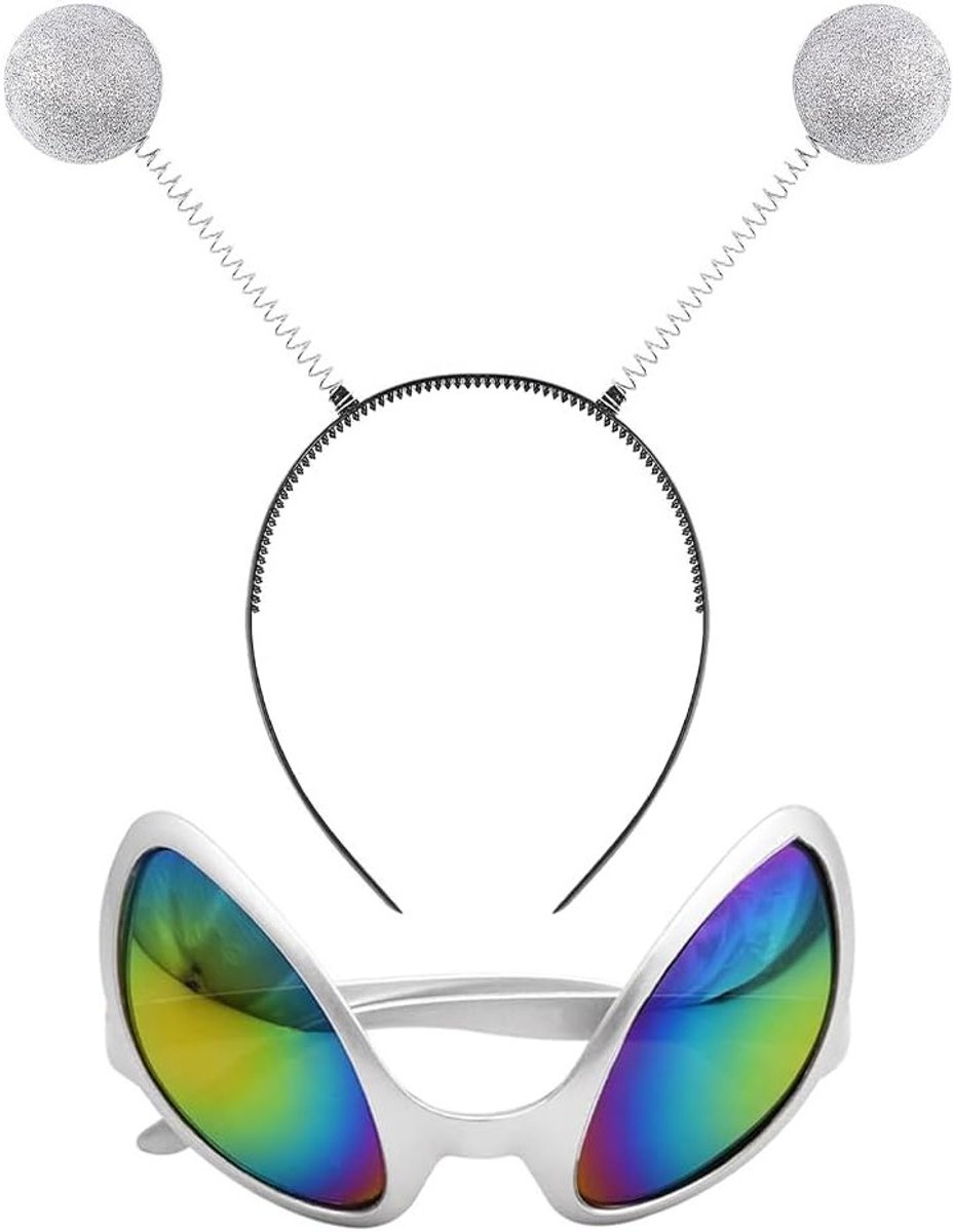 Kostuumaccessoires voor volwassenen: Hoofdband met antennes, zonnebril met regenbooglenzen en alien boppers