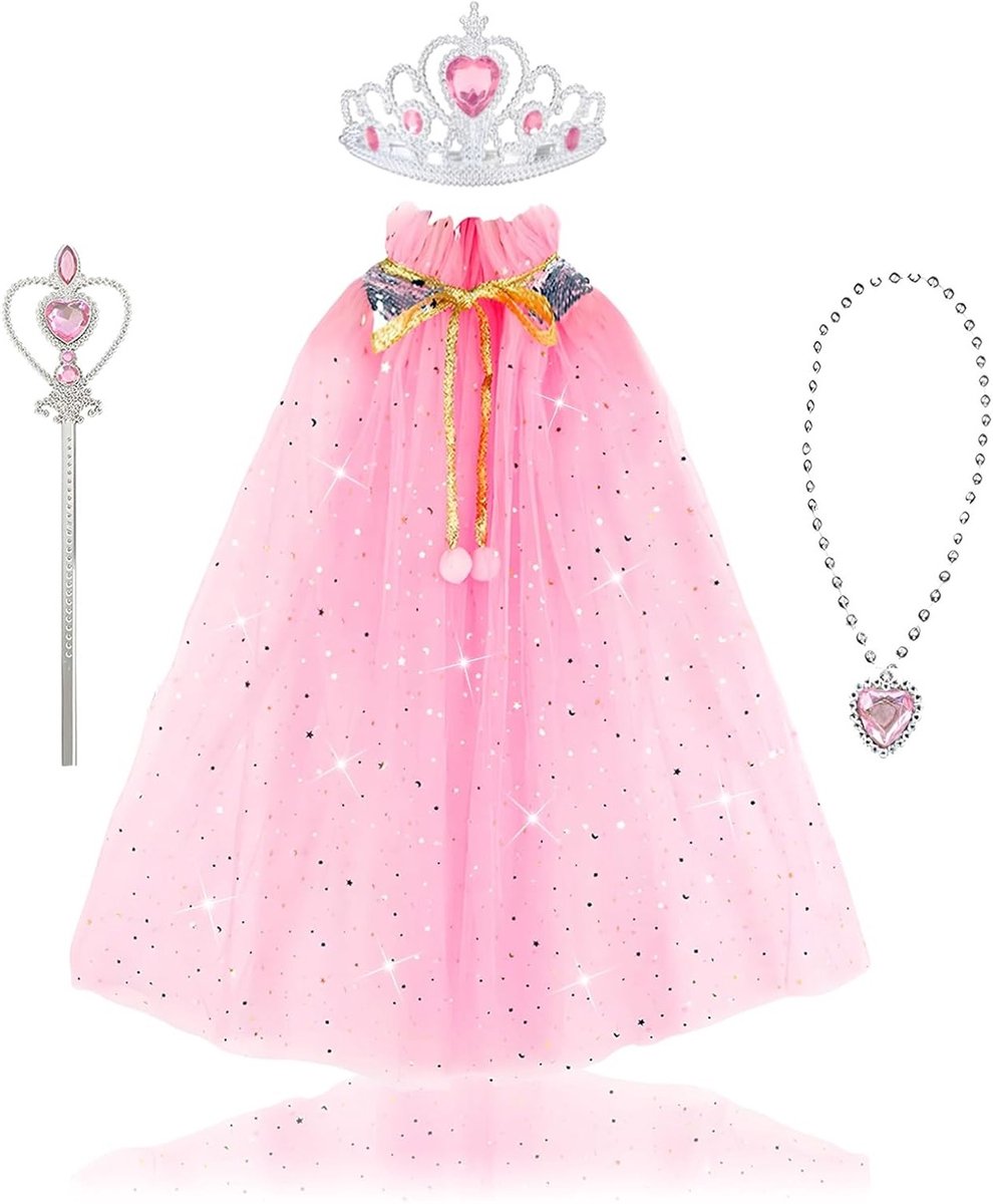 Schattige Prinsessen Kostuums voor Meisjes met Tulle Cape, Sequin Kroon en Sieraden voor Feest en Carnaval