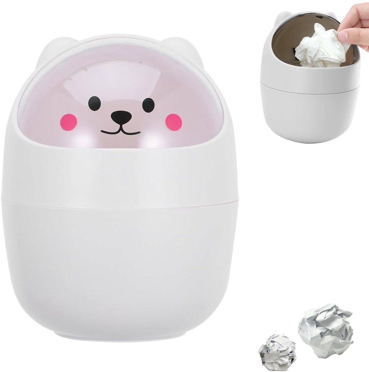 SPHProducts - Cartoon Mini Trash Bin - Schattige Mini Prullenbak - Desk Trash Can met Deksel - Wit - Kleine Afvalbak - Geschikt voor Kantoor en Kamer