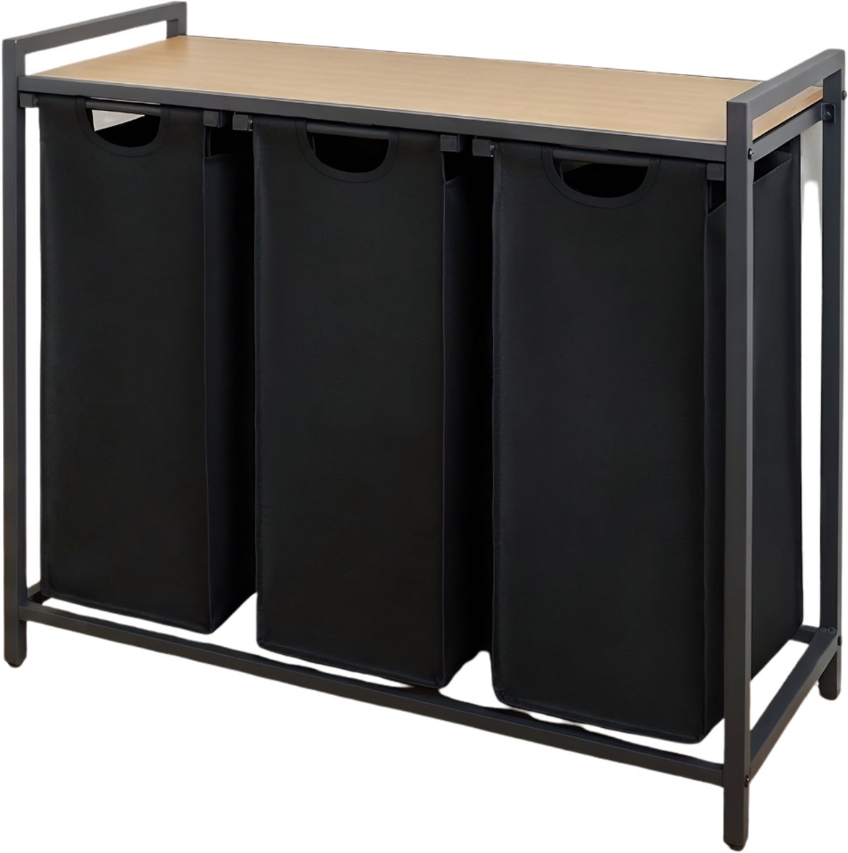 KAD® Wassorteerder - Wasmand 3 Vakken - Wasmand Met Deksel - Wasmand - Zwart - 36cm x 84cm x 73cm