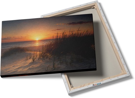 Artaza Canvas Schilderij Zonsondergang Strand - Duinen En Hoog Gras - 120x80 cm - Groot - Wanddecoratie Woonkamer - Schilderijen - Muurdecoratie