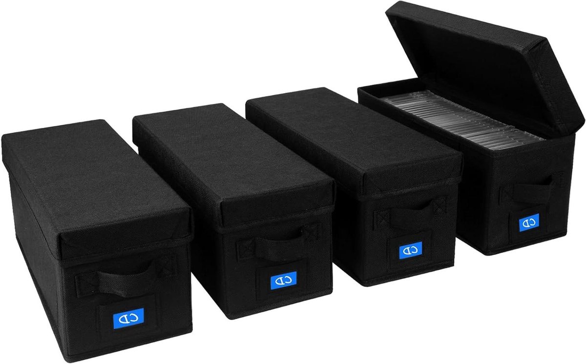 CD Opbergdoos - Media Organizer - Media Sorteren - Met Handvatten en Labelvak - 4 Stuks - Zwart