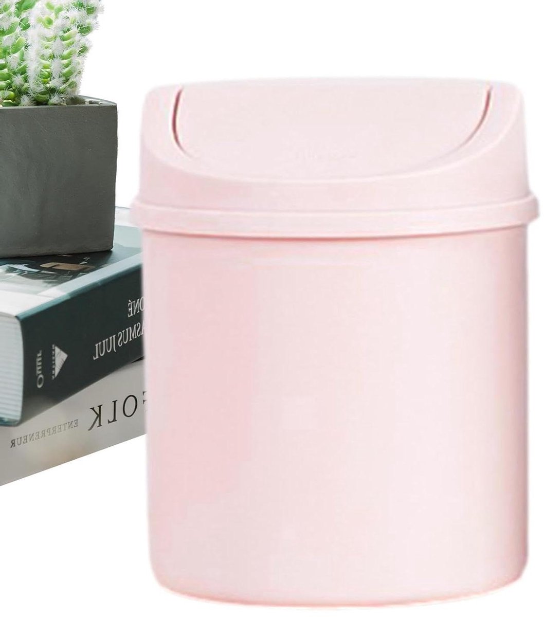 Vuilnisemmer met deksel - Prullenbak bureau - Netjes opruimen - Compact design - 16.5 x 13 x 13 cm - Roze